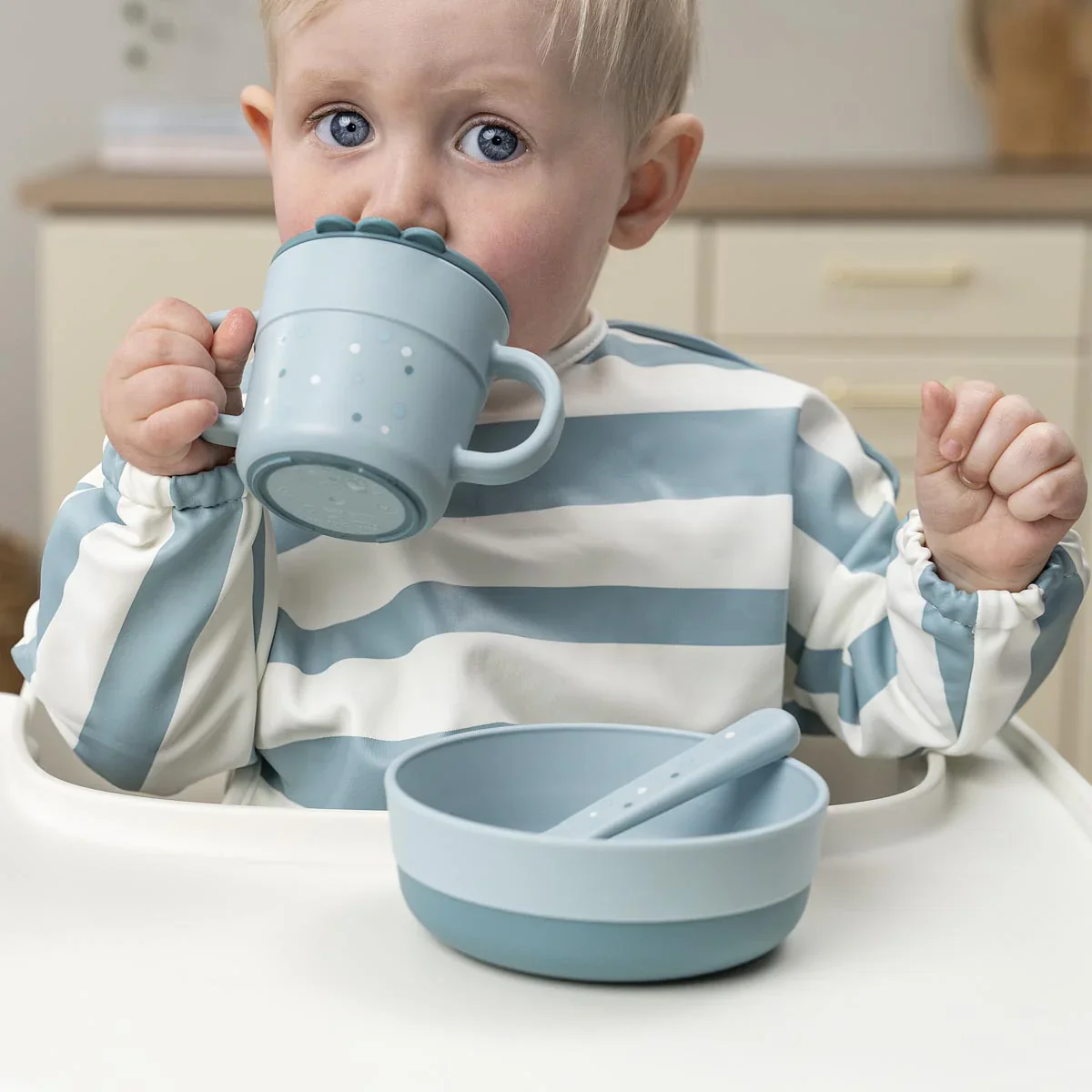 Done by Deer Sleeved Pocket Bib Striped BLUE - Image 5